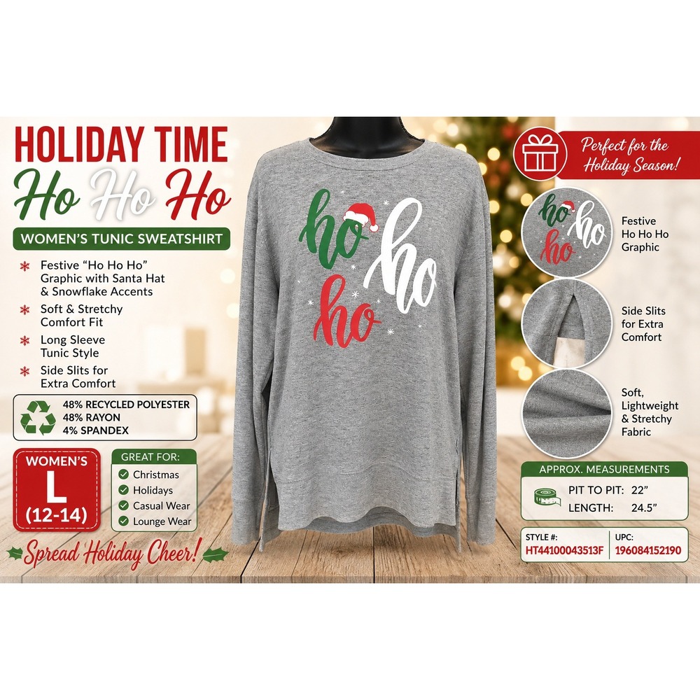 Holiday Time Womens Ho Ho Ho Tunic Sweatshirt Gray Christmas HT44100043513F L